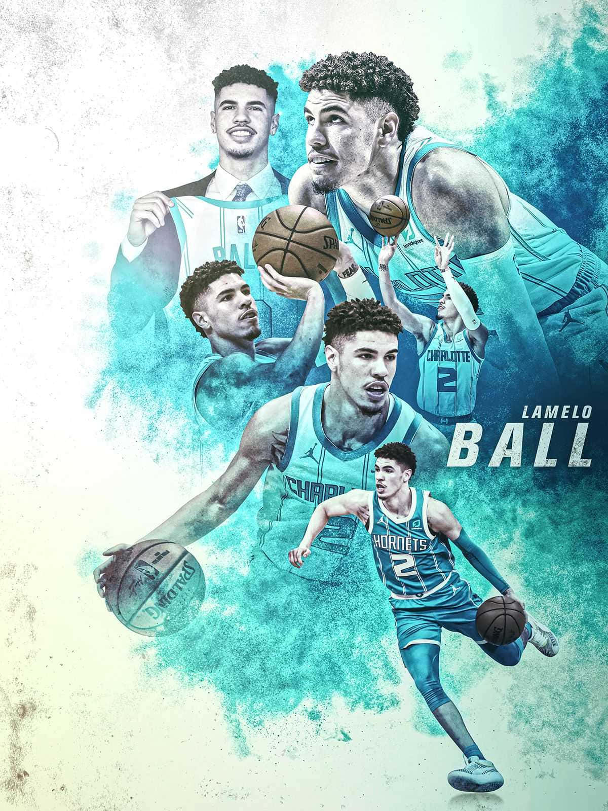 ball 桌布 壁紙 — 動態拼貼，展示籃球運動員拉梅洛·鮑爾在帶有紋理的青綠色和奶油色背景上的動作姿勢。