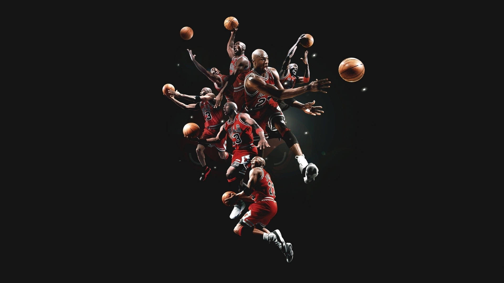 麥可喬丹在黑色背景上多個籃球動作姿勢 — Jordan Logo 壁紙