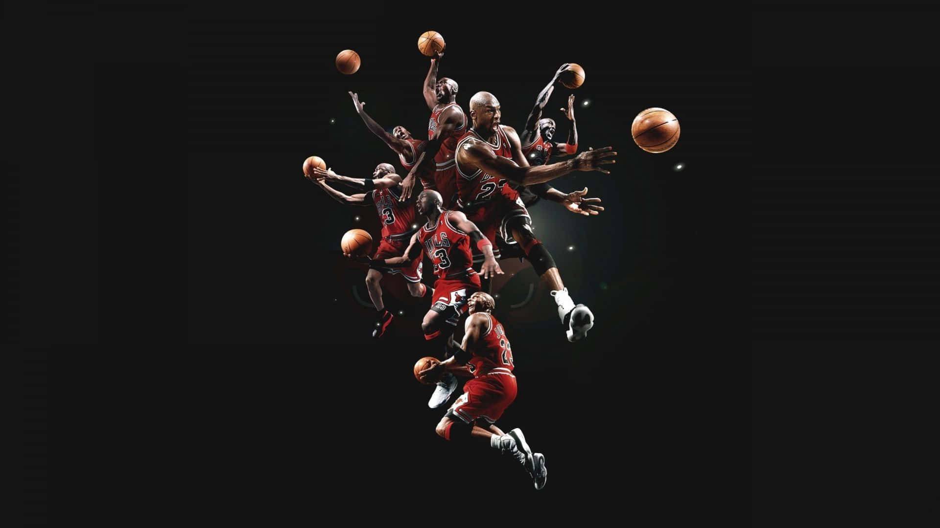 麥可喬丹以多種動態籃球姿勢呈現在黑色背景上。 — NBA 壁紙