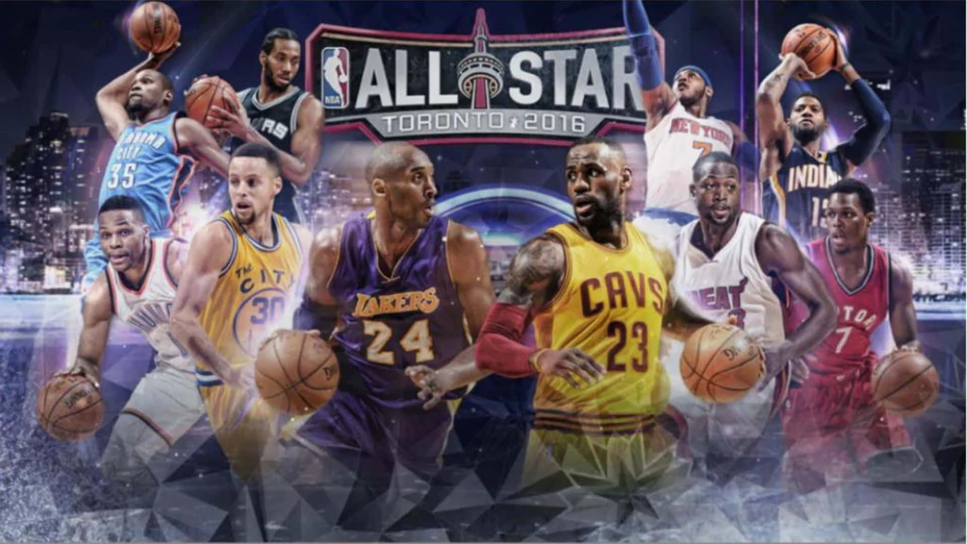 NBA All-star 桌布 壁紙 — 動態拼貼，NBA 全明星 2016 球員以動作姿勢呈現，背景為閃爍的多倫多天際線。