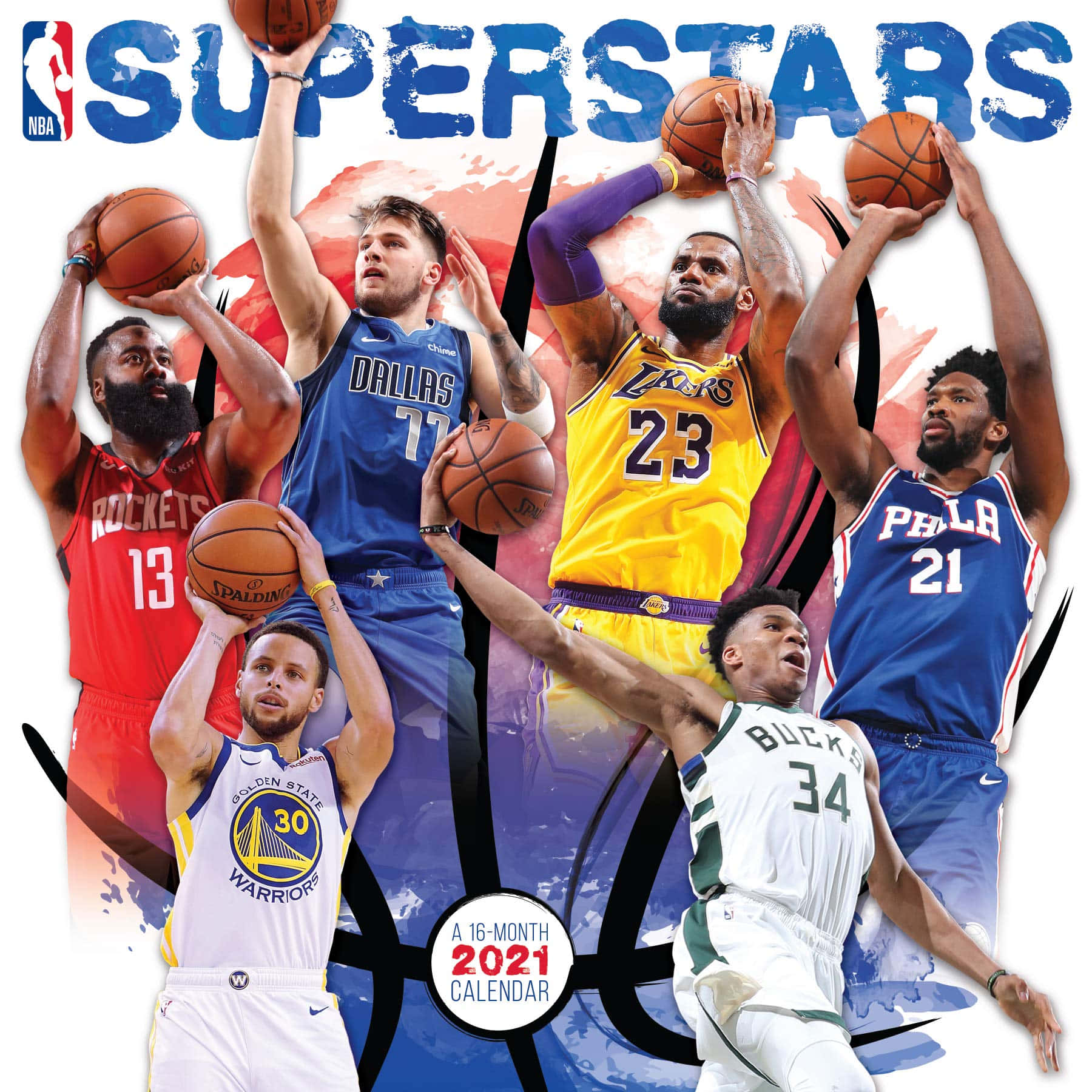NBA超級巨星在2021年日曆封面上擺出動作姿勢。 — NBA 壁紙
