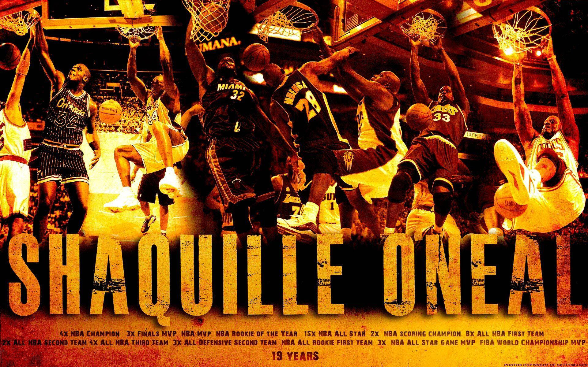 Shaquille O'neal 桌布 壁紙 — Shaquille O'Neal 在溫暖的場館燈光下穿著NBA球衣灌籃的動態拼貼畫。