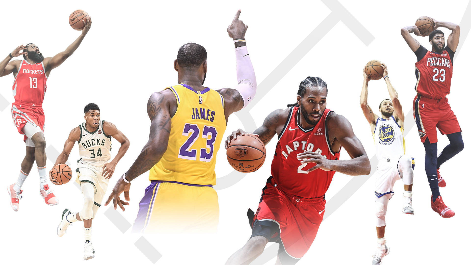 六位NBA籃球運動員擺出動作姿勢穿著球隊球衣。