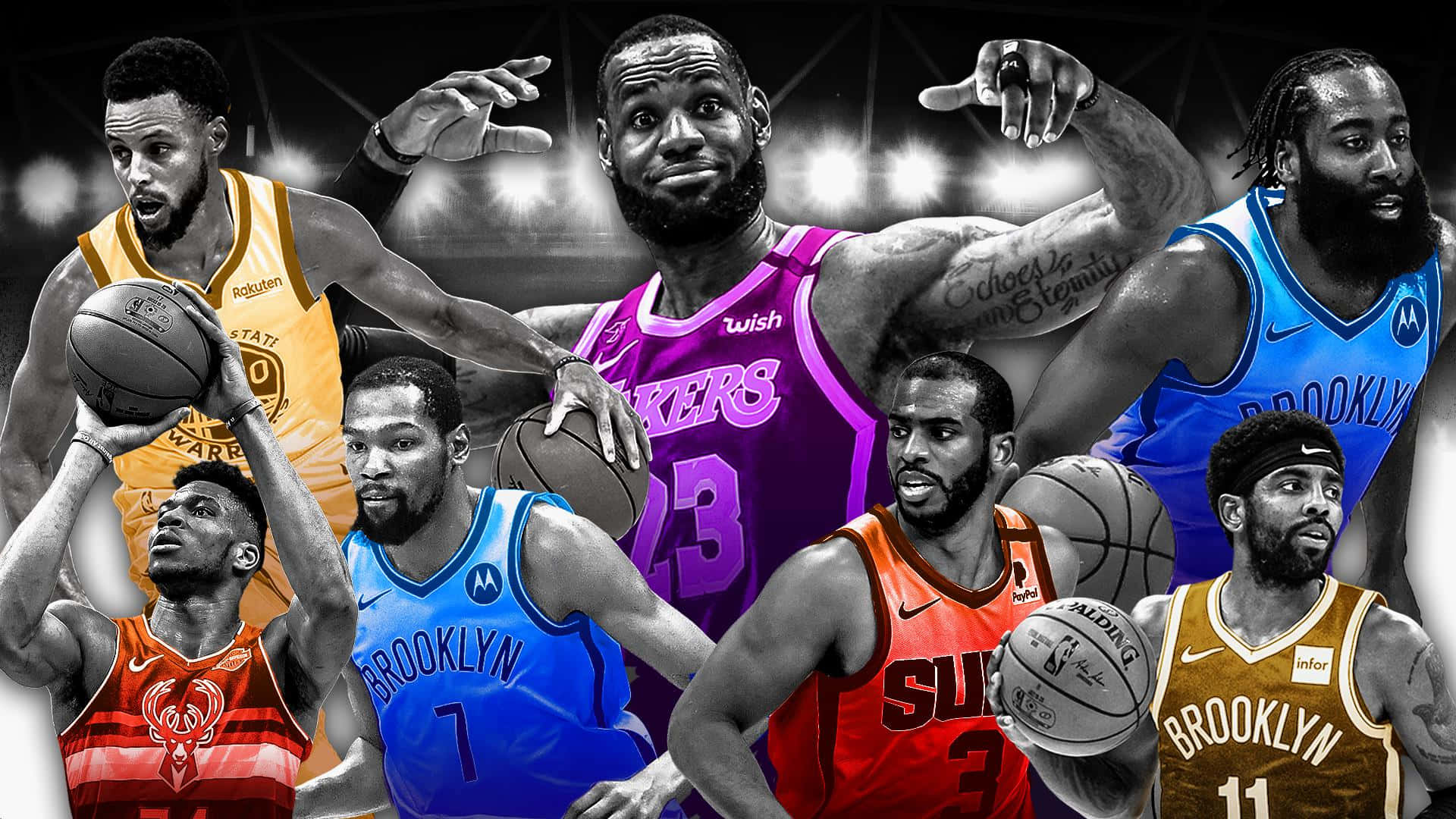 六位NBA籃球運動員身穿彩色球衣，在體育館環境中手持籃球擺姿勢。 — NBA 壁紙