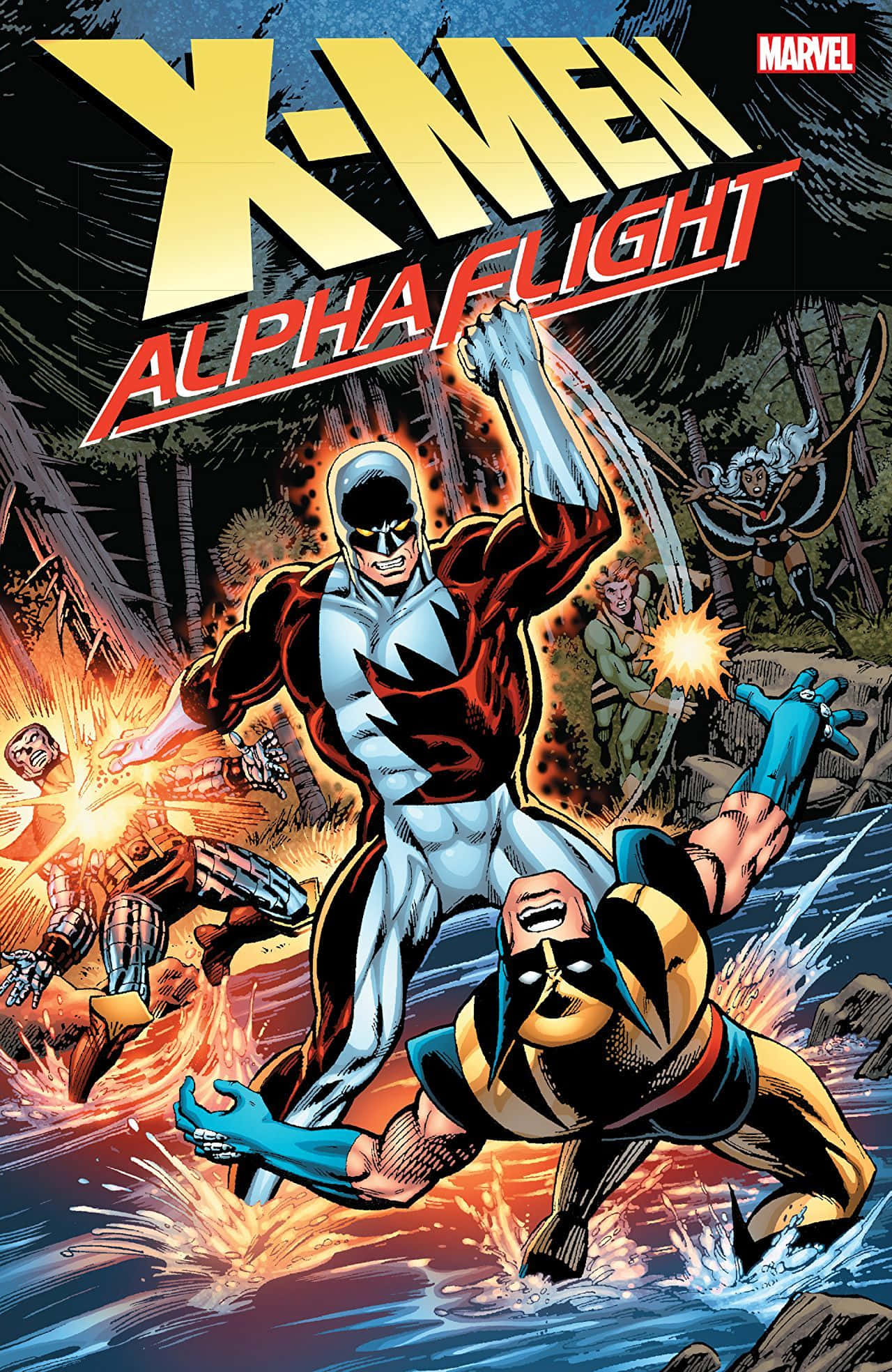 Alpha Flight 桌布 壁紙 — X-Men Alpha Flight 英雄在爆炸和飛行動作中戰鬥的動態漫畫封面。