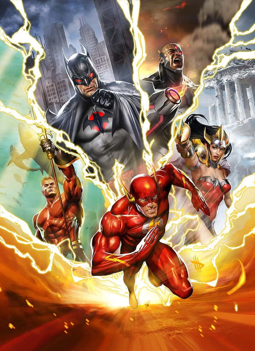Marvel Vs Dc Universe 桌布 壁紙 — 動感漫畫英雄，包括蝙蝠俠、閃電俠和神力女超人，在爆炸性閃電中衝向城市天際線。
