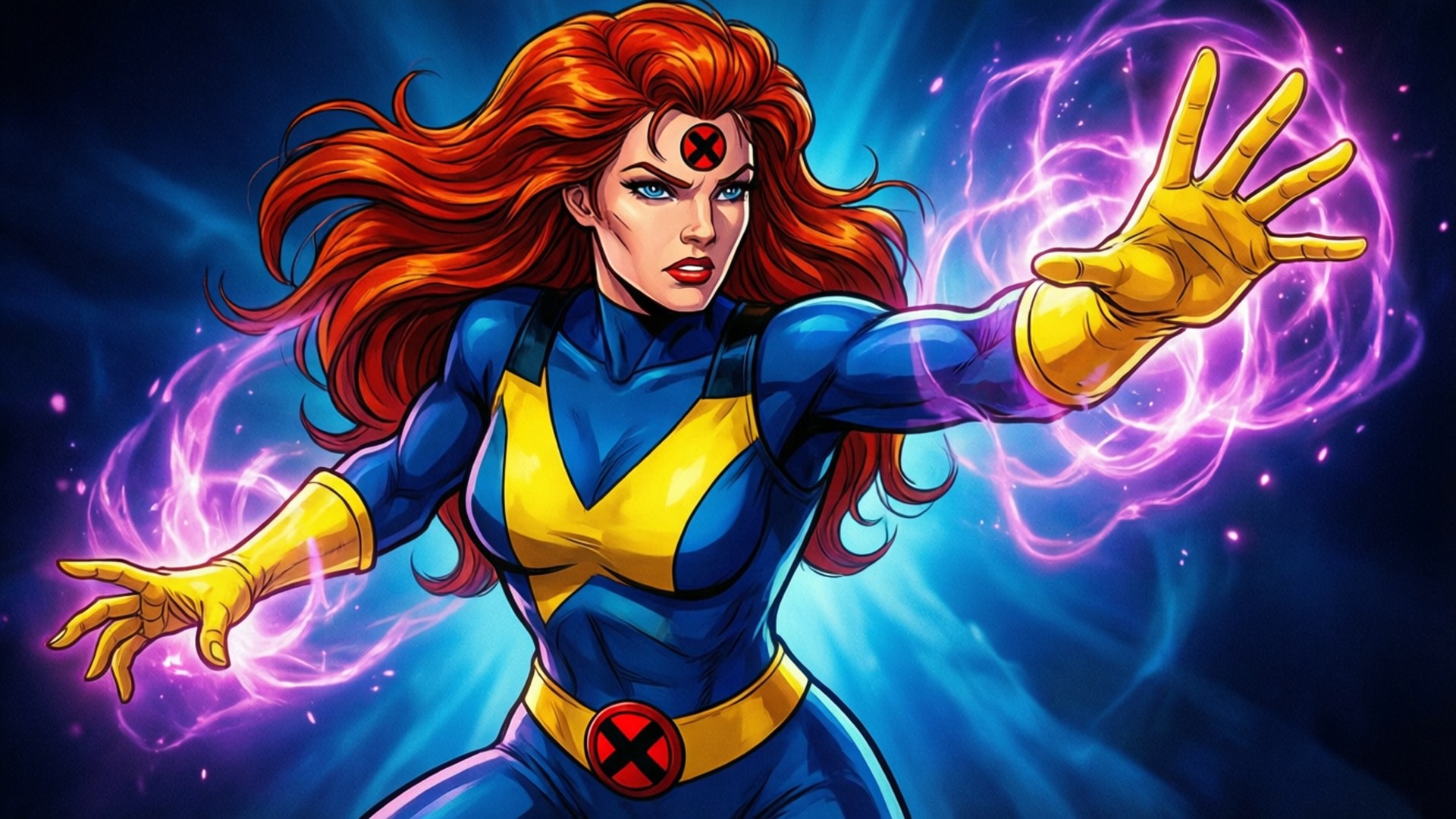 Jean Grey 桌布 壁紙 — 一位充滿動感的漫畫女英雄，擁有火紅的頭髮和藍黃相間的服裝，在宇宙藍色背景下從伸出的雙手中釋放出紫色能量。