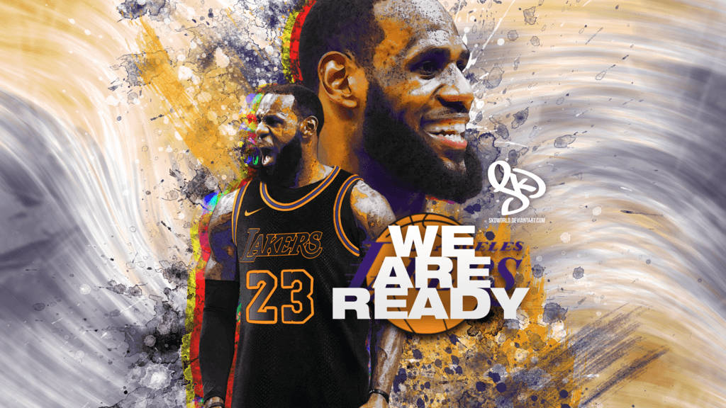 勒布朗·詹姆斯身穿湖人球衣，以充滿活力的數位藝術風格呈現「WE ARE READY」文字。 — 勒布朗 壁紙