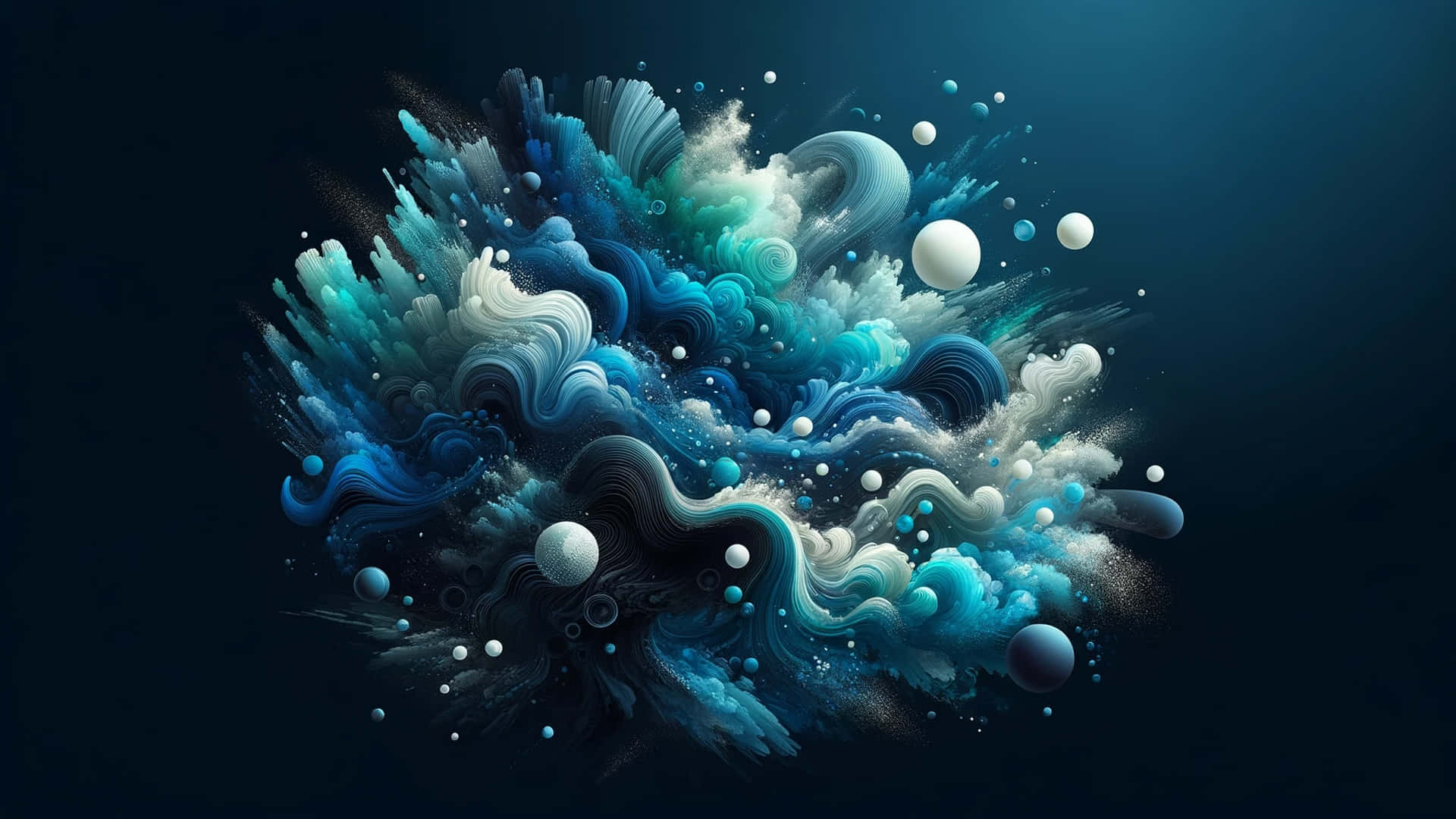  壁紙 — 動態數位藝術作品，描繪在深色背景上旋轉的藍白宇宙波浪和漂浮的球體。