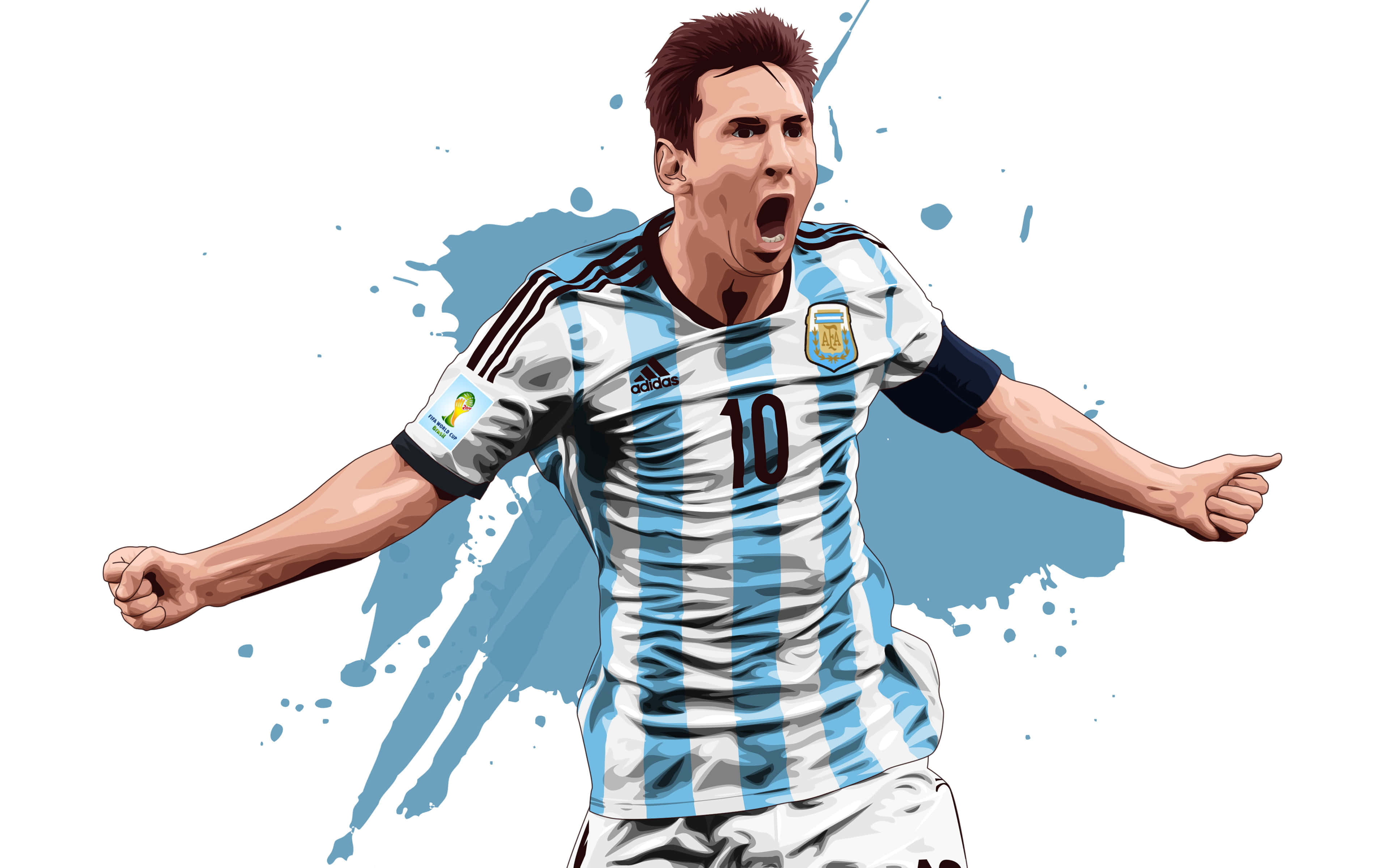 Messi 2022 桌布 壁紙 — 一幅動態數位插圖，描繪身穿阿根廷藍白間條球衣的利昂內爾·梅西，在濺灑的藍色背景前張開雙臂慶祝。