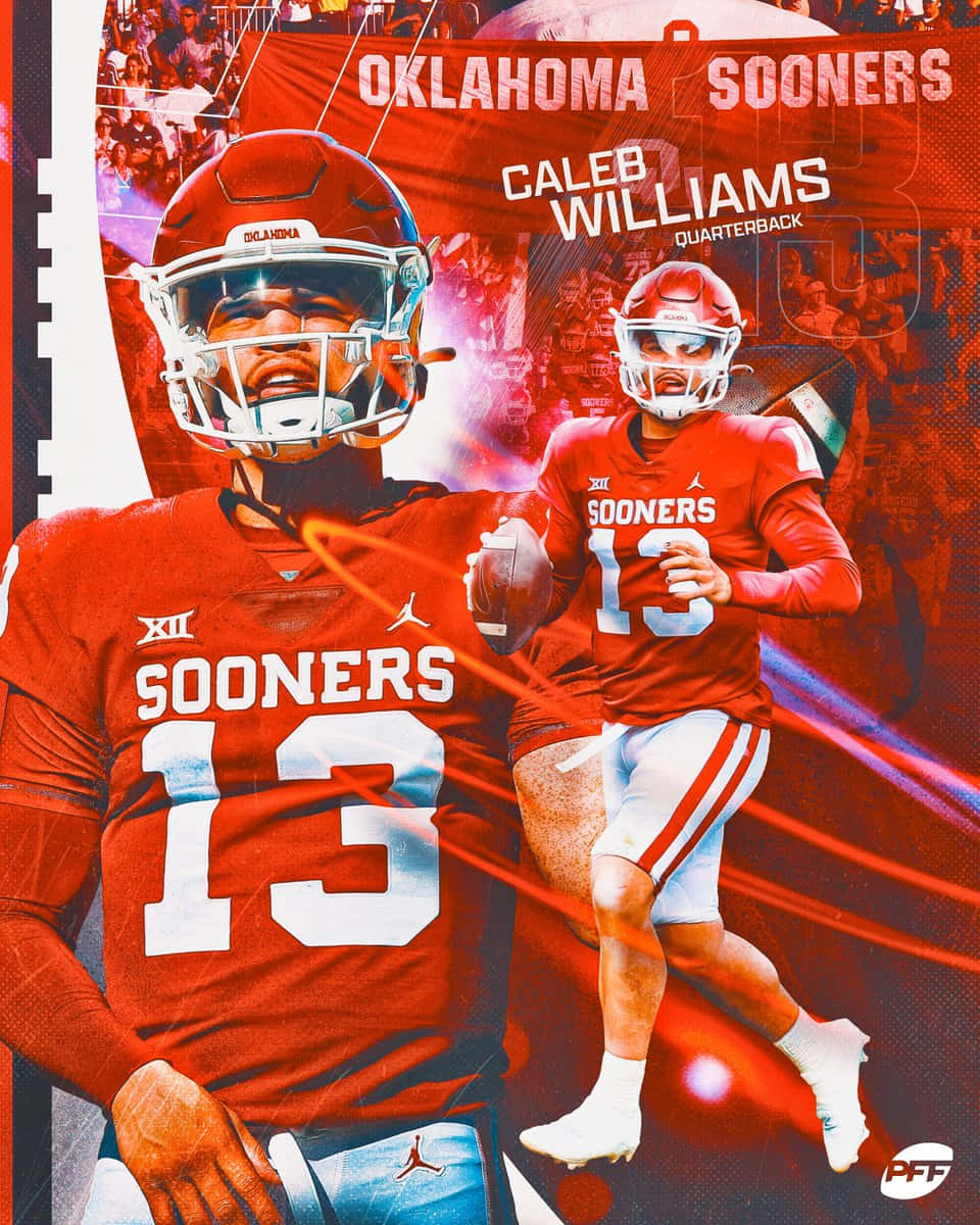  壁紙 — 奧克拉荷馬大學Sooners四分衛Caleb Williams身穿紅色球衣，帶有發光能量效果和體育場人群背景的動態圖形。