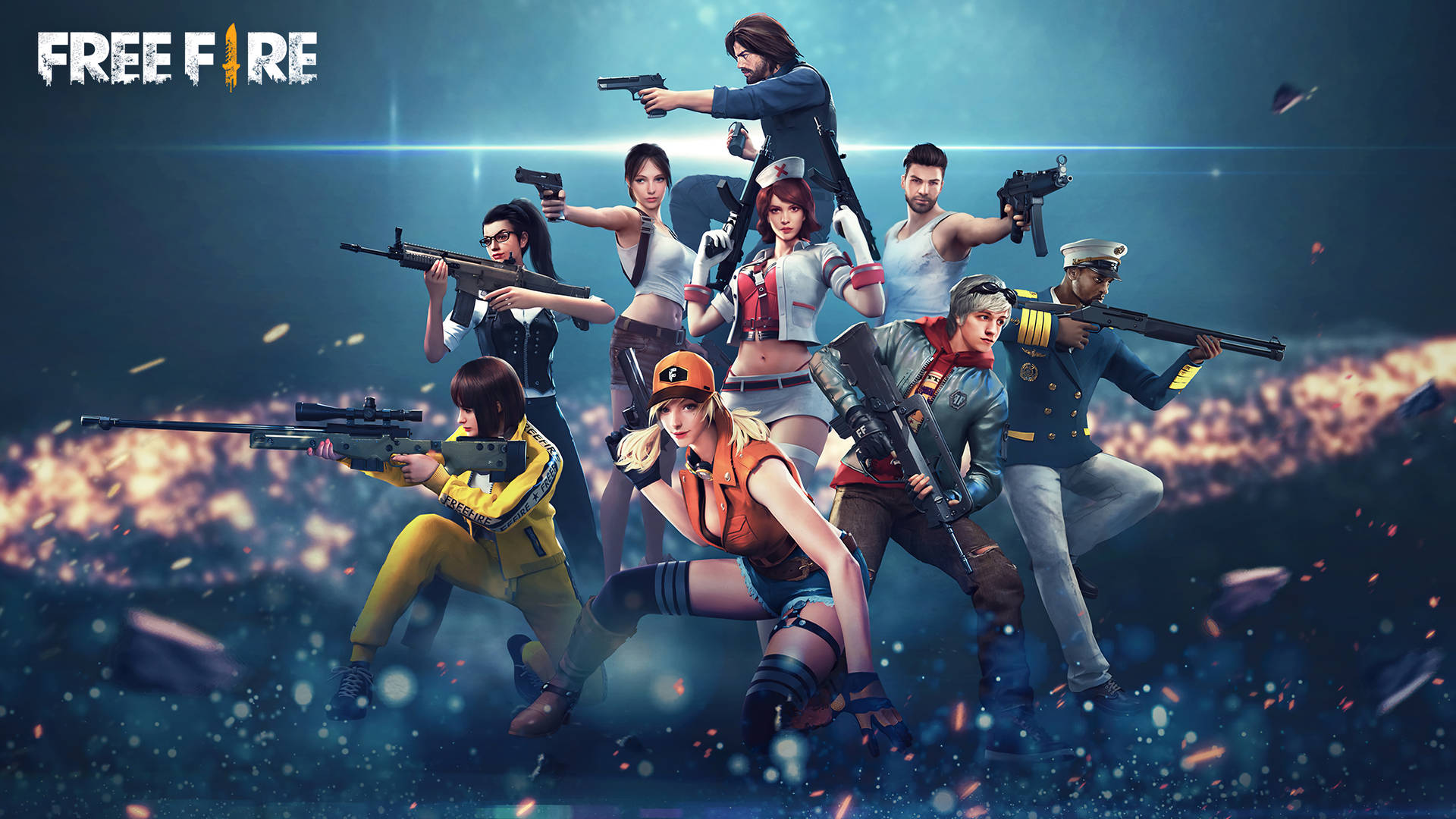 Free Fire遊戲角色在火熱的藍色背景前以動作姿勢持武器。 — Free Fire 壁紙