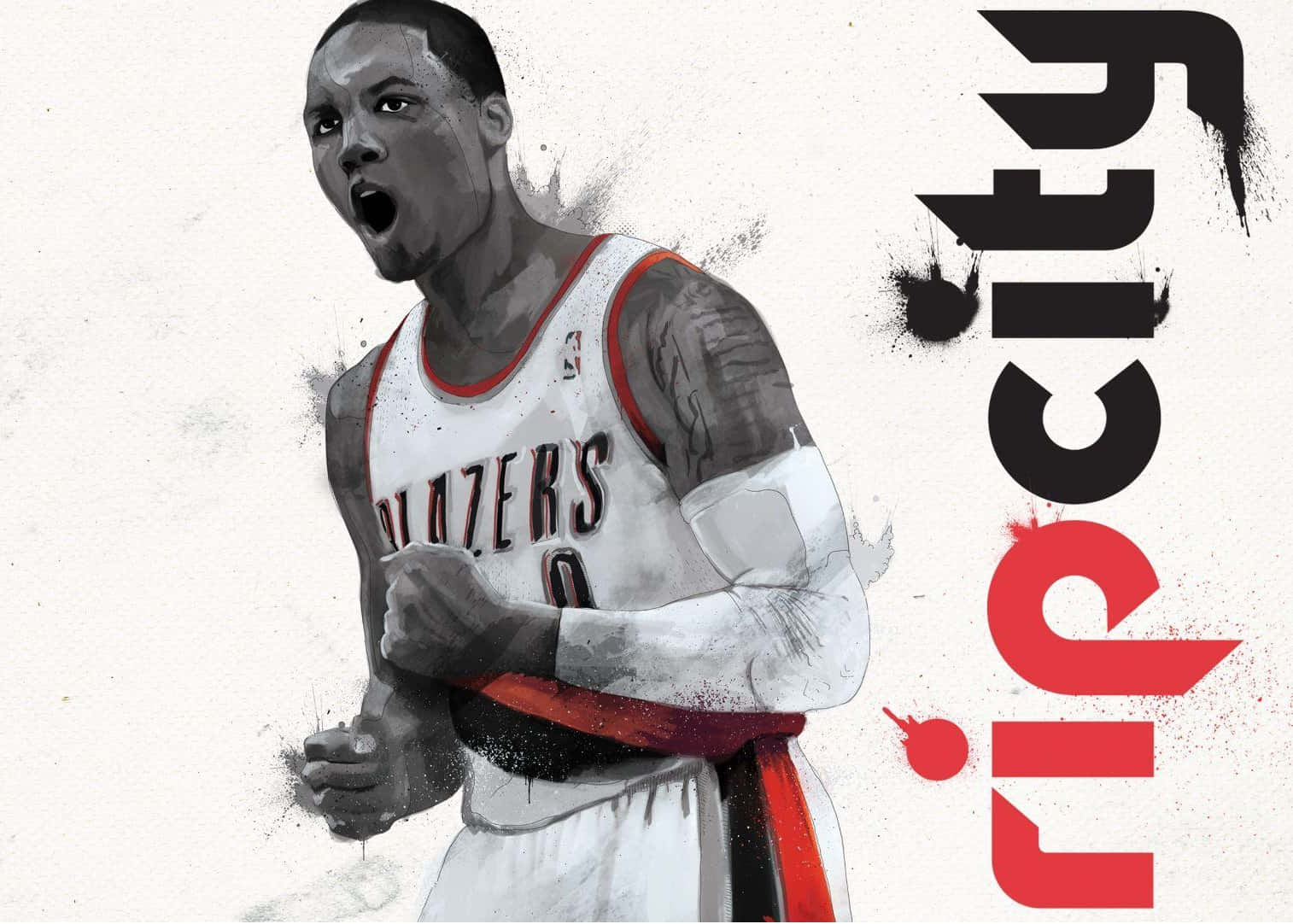  壁紙 — 一個動態插圖籃球運動員身穿Blazers球衣，在帶有紋理的白色背景上，伴隨著粗體的ripcity文字，發出強烈的咆哮。