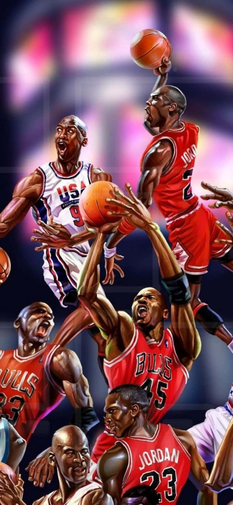 麥可喬丹穿著公牛和美國球衣做出多個籃球動作姿勢。 — 籃球 Jordan 壁紙