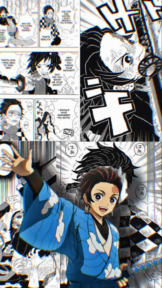  壁紙 — 來自《鬼滅之刃》的動態漫畫分鏡，以黑白粗線條展現激烈動作和富有表現力的角色。