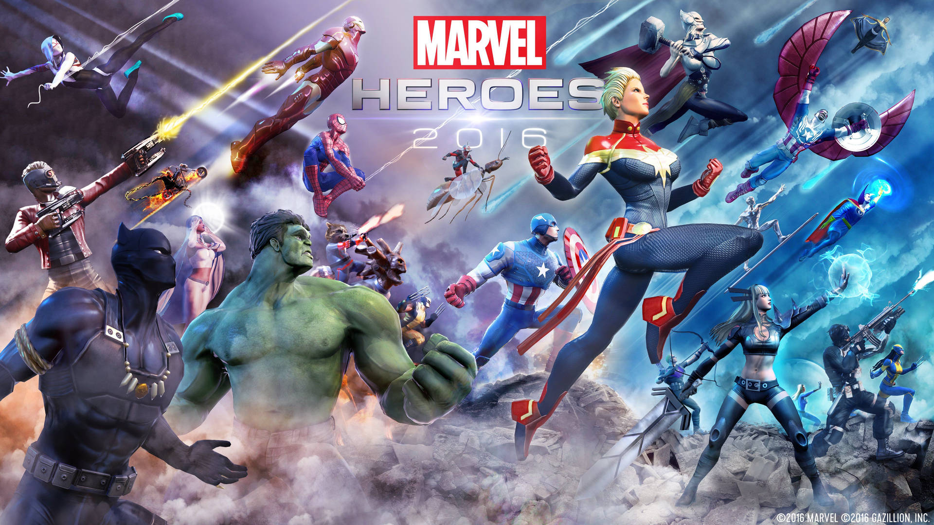 漫威超級英雄在戰鬥中，帶有能量爆炸和煙霧效果。 — 4K Marvel 壁紙 壁紙