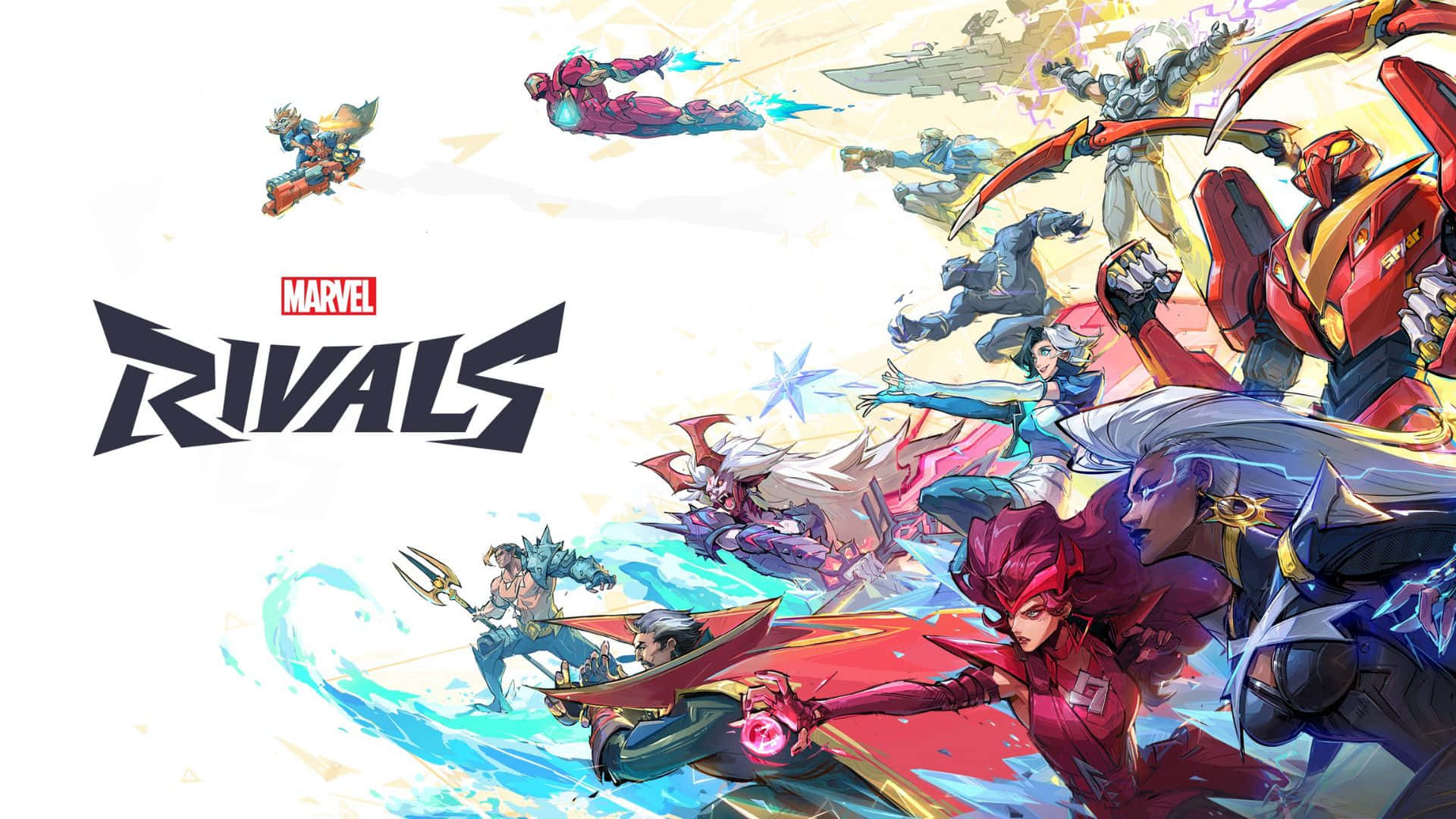  壁紙 — 充滿活力的Marvel Rivals角色，以動感動作姿勢呈現，帶有能量效果和大膽的漫畫藝術風格。