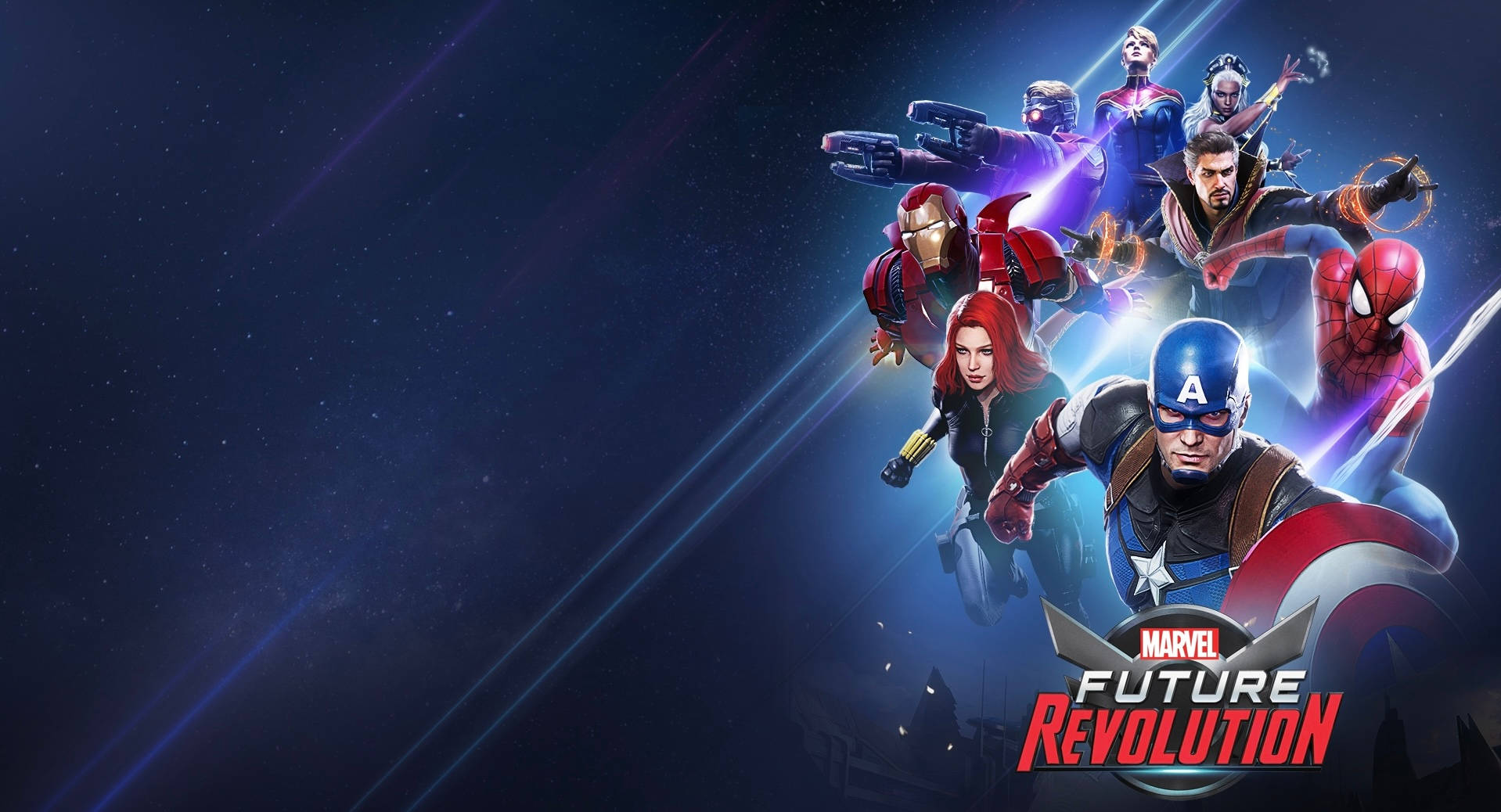 Marvel超級英雄在星際宇宙場景中飛翔，伴隨著能量光束。 — 4K Marvel 壁紙 壁紙