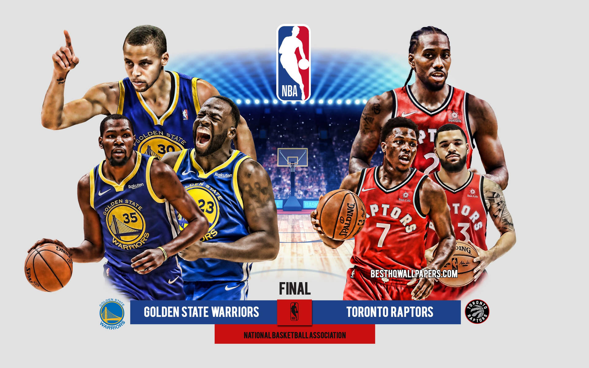 來自金州勇士隊和多倫多暴龍隊的NBA籃球運動員，以球隊標誌和最終比分圖形擺出動作姿勢。