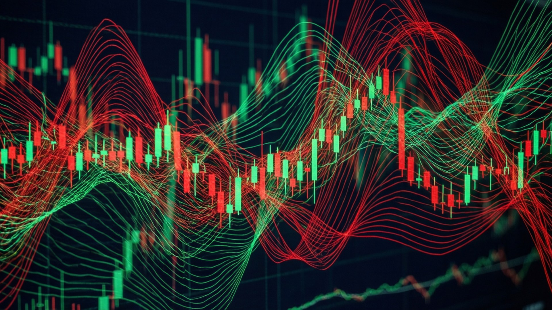 Volatility Web 壁紙 — 動態的紅色和綠色金融蠟燭圖在深色網格背景上旋轉。