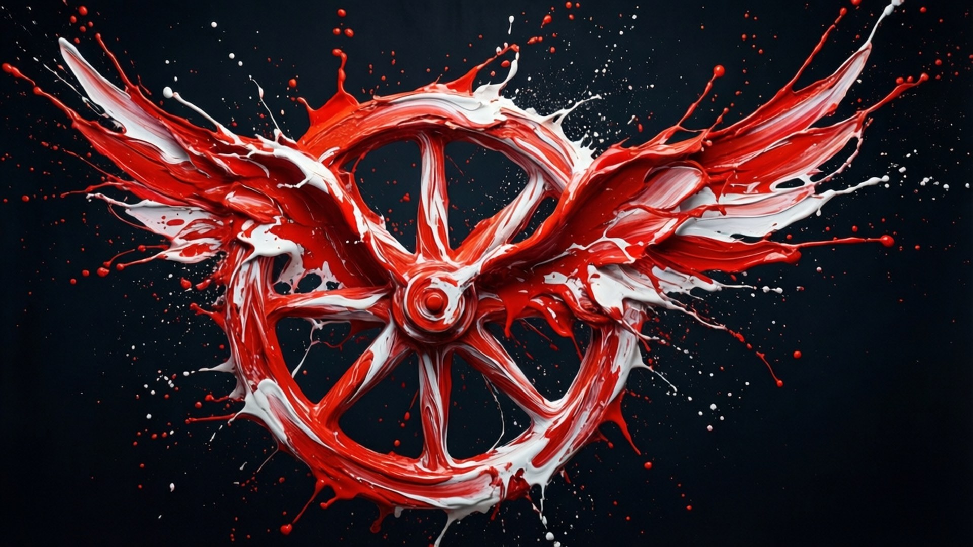Paint Splash Logo 壁紙 — 一個動態的紅色和白色油漆飛濺形成一個帶有翼狀延伸的輪子，背景為深色。