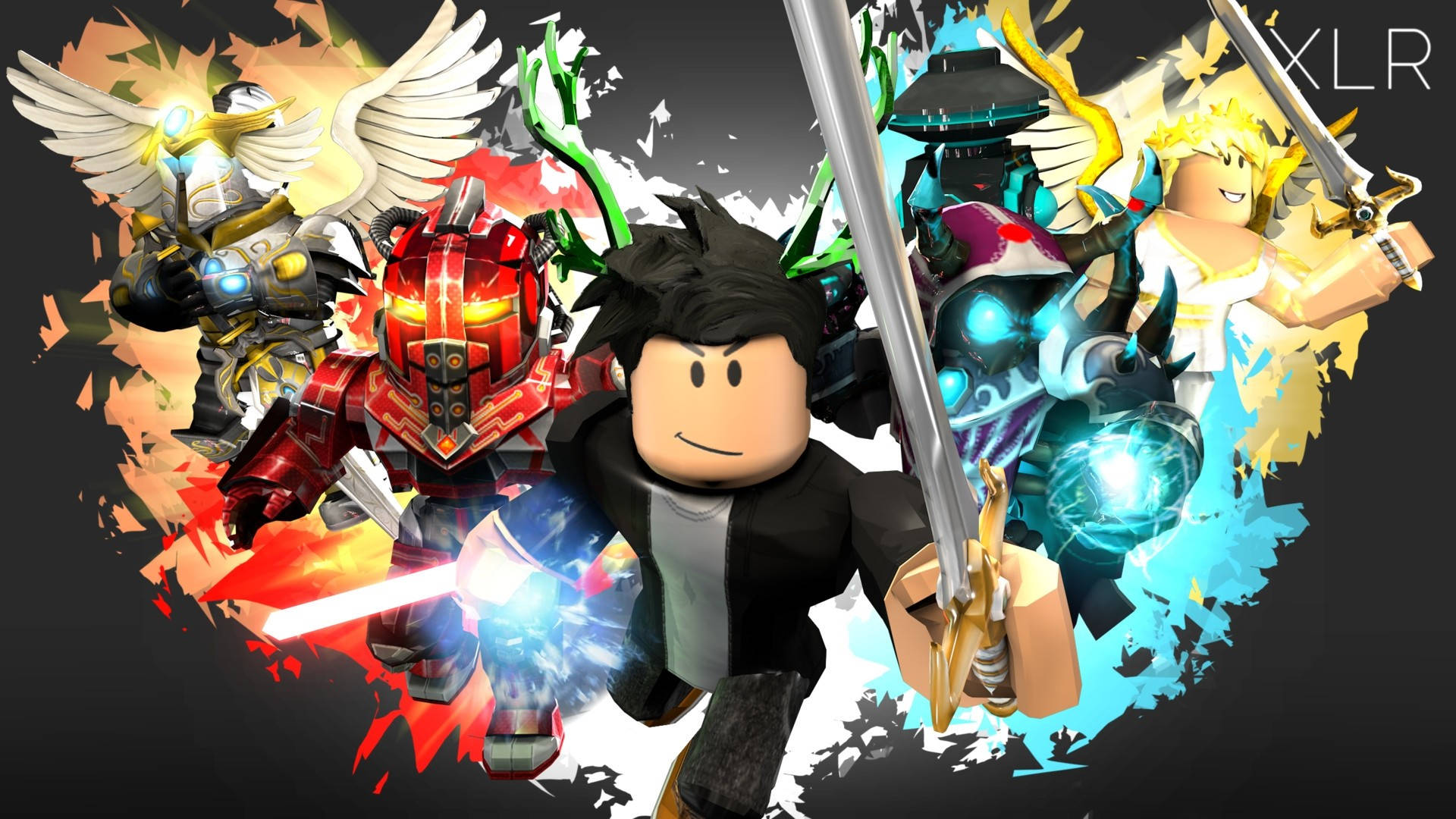 Roblox 戰士手持發光劍，與四個奇幻盟友擺出動態戰鬥姿勢。 — Roblox 壁紙