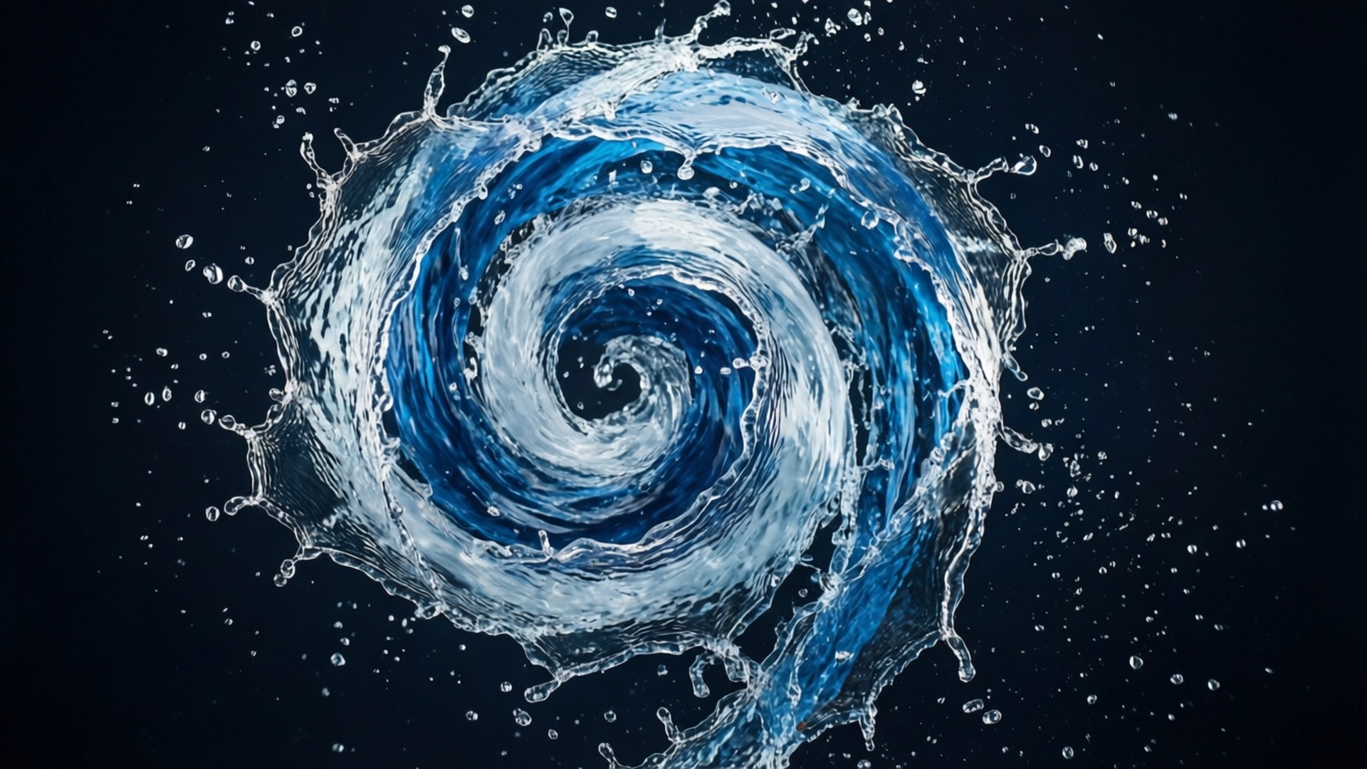 Water Spiral 壁紙 — 動態的藍色水花螺旋，在深色背景上飛濺，水滴向外飛散。
