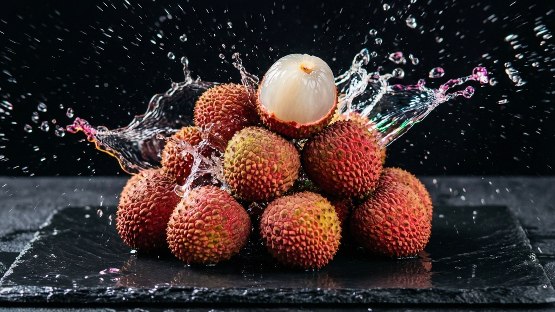 Litchi 桌布 壁紙 — 一堆新鮮荔枝周圍濺起動態水花，其中一顆剝開，露出半透明的果肉，背景為黑色。