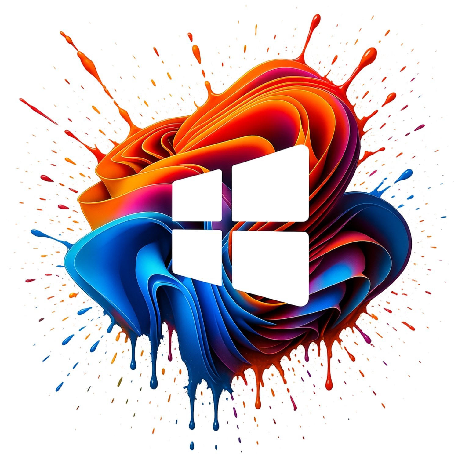 Windows標誌被旋轉的橙色和藍色油漆飛濺包圍在白色背景上 — Windows 11 壁紙