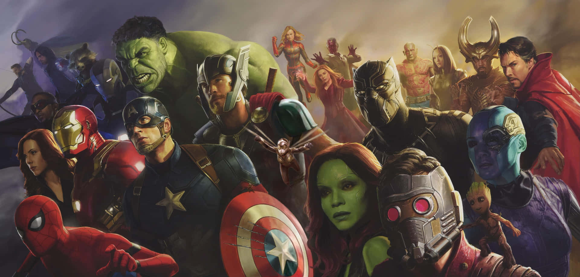  壁紙 — 一個動態的超級英雄組合， featuring Hulk、Captain America 和 Spider-Man，以戲劇性的電影構圖呈現。