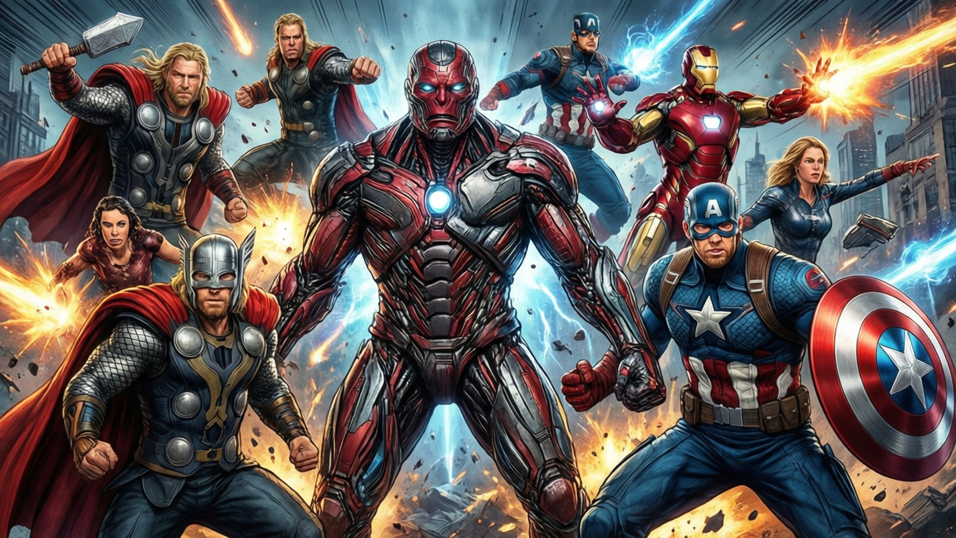 Ultron 桌布 壁紙 — 一個動態的超級英雄團隊戰鬥場景，鋼鐵人、索爾、美國隊長等人在城市景觀中釋放能量爆炸。