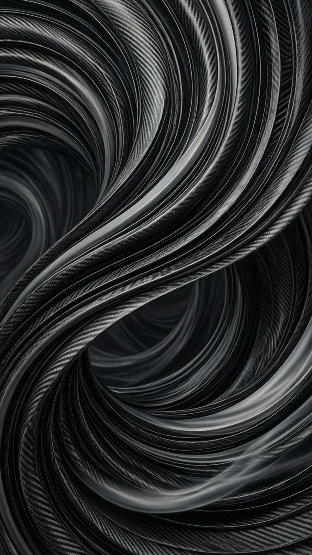Swirling Carbon Fiber 壁紙 — 動態旋轉的單色碳纖維帶創造出時尚高科技的抽象圖案。
