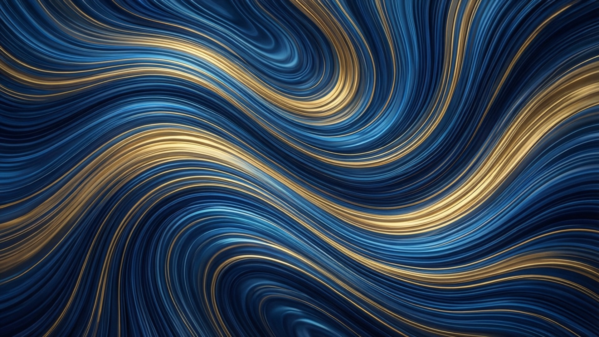 Abstract Waves Blue Gold 壁紙 — 深藍色和閃爍金色的動態漩渦以優雅起伏的波浪流過畫面。