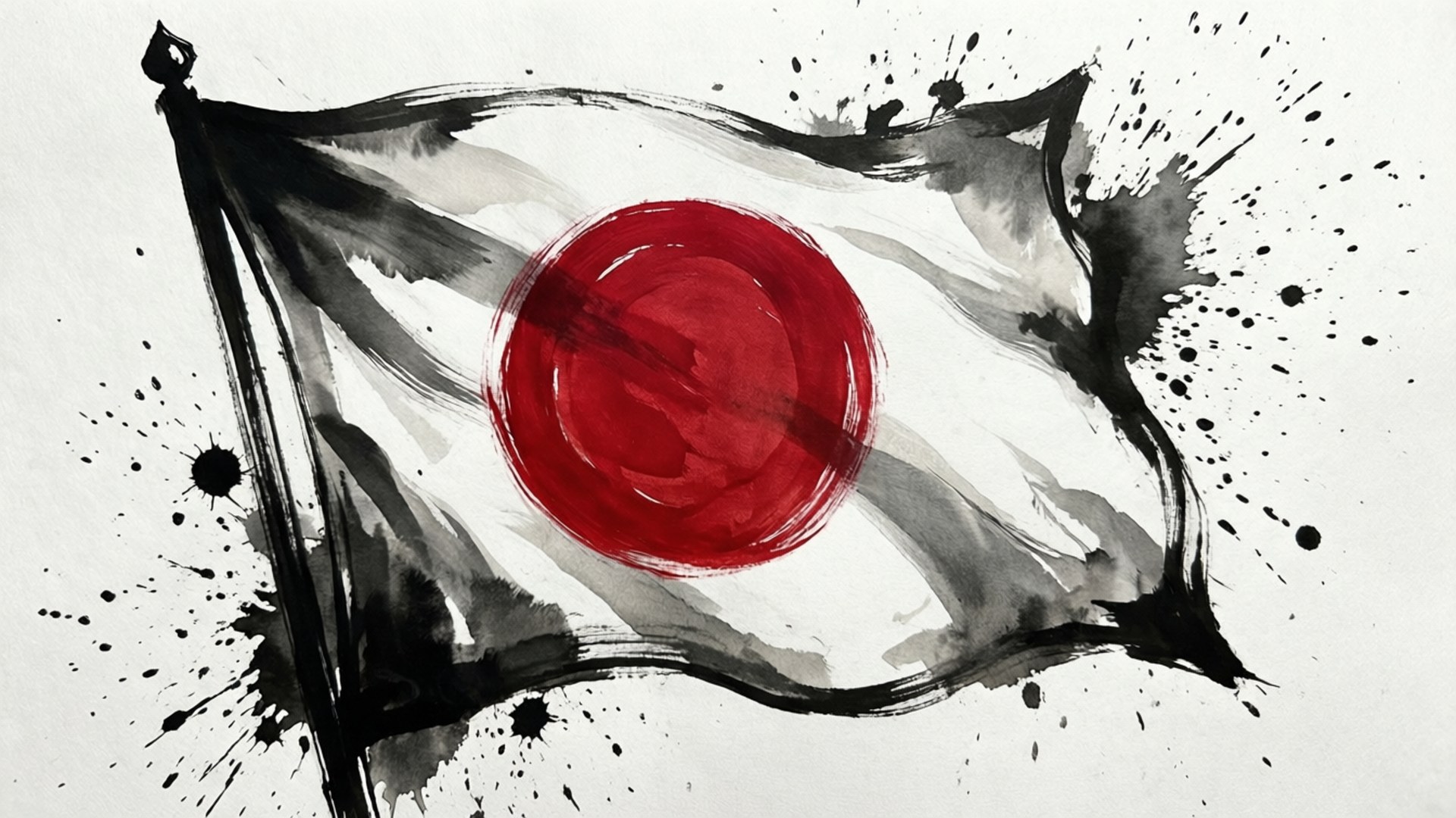 Sumi-e Flag Art 壁紙 — 日本國旗的水彩動態演繹，以大膽的黑色筆觸和飛濺圍繞白色背景上的鮮紅色圓圈。