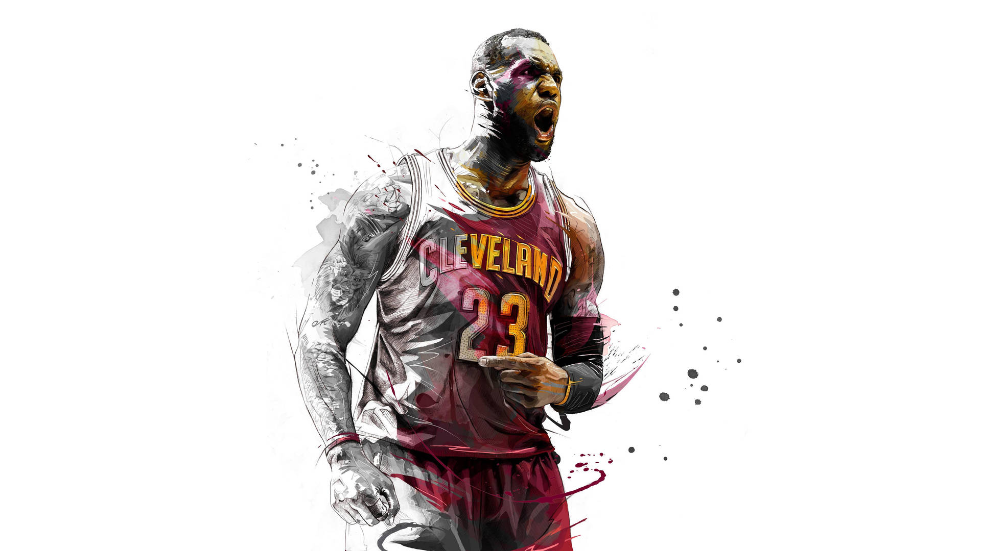 勒布朗·詹姆斯身穿克里夫蘭球衣以水彩藝術風格咆哮。 — NBA 壁紙