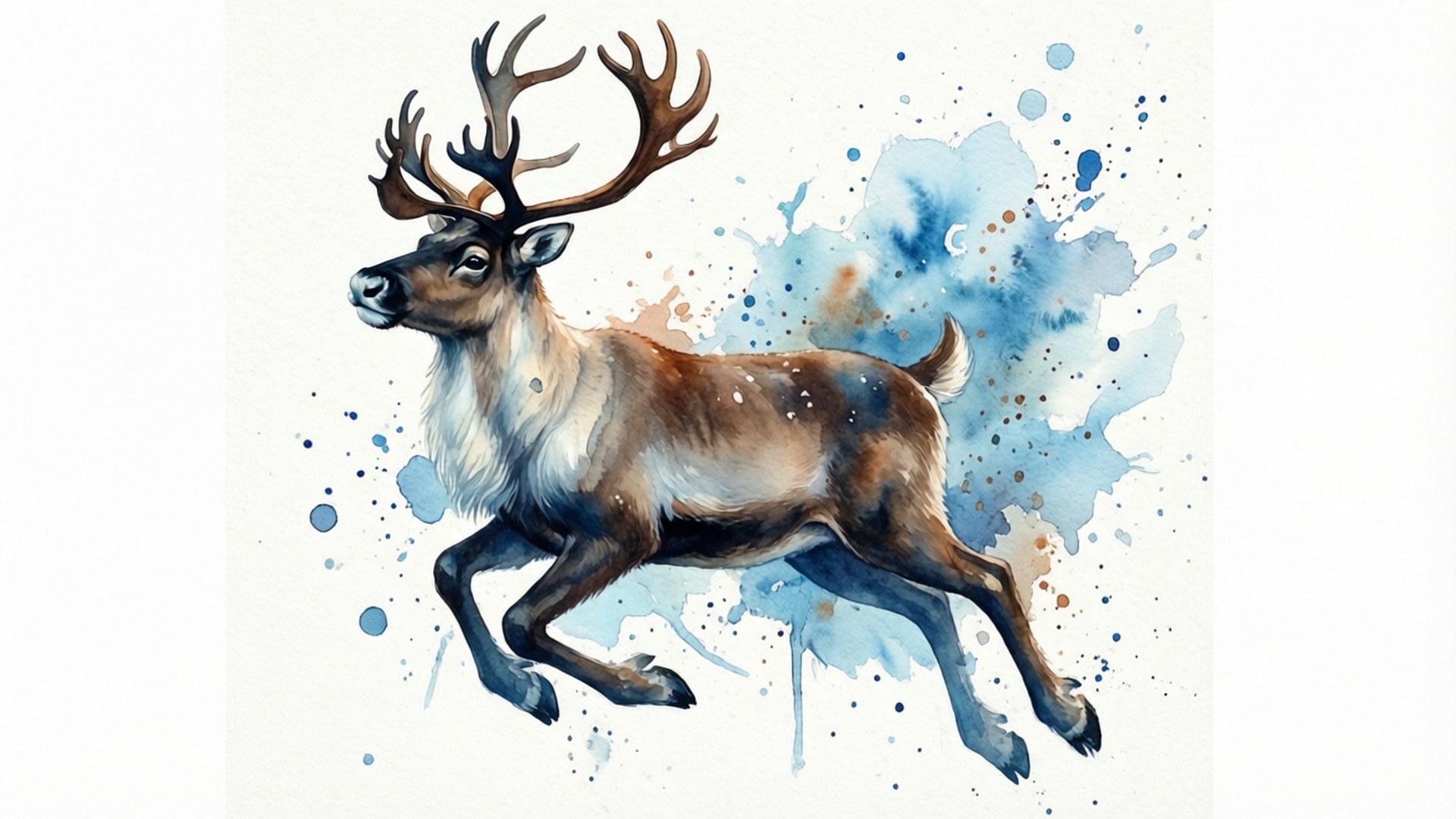 Reindeer Free 桌布 壁紙 — 一隻動態水彩馴鹿，擁有巨大的鹿角，在充滿活力的藍色和棕色潑濺背景上向前跳躍。