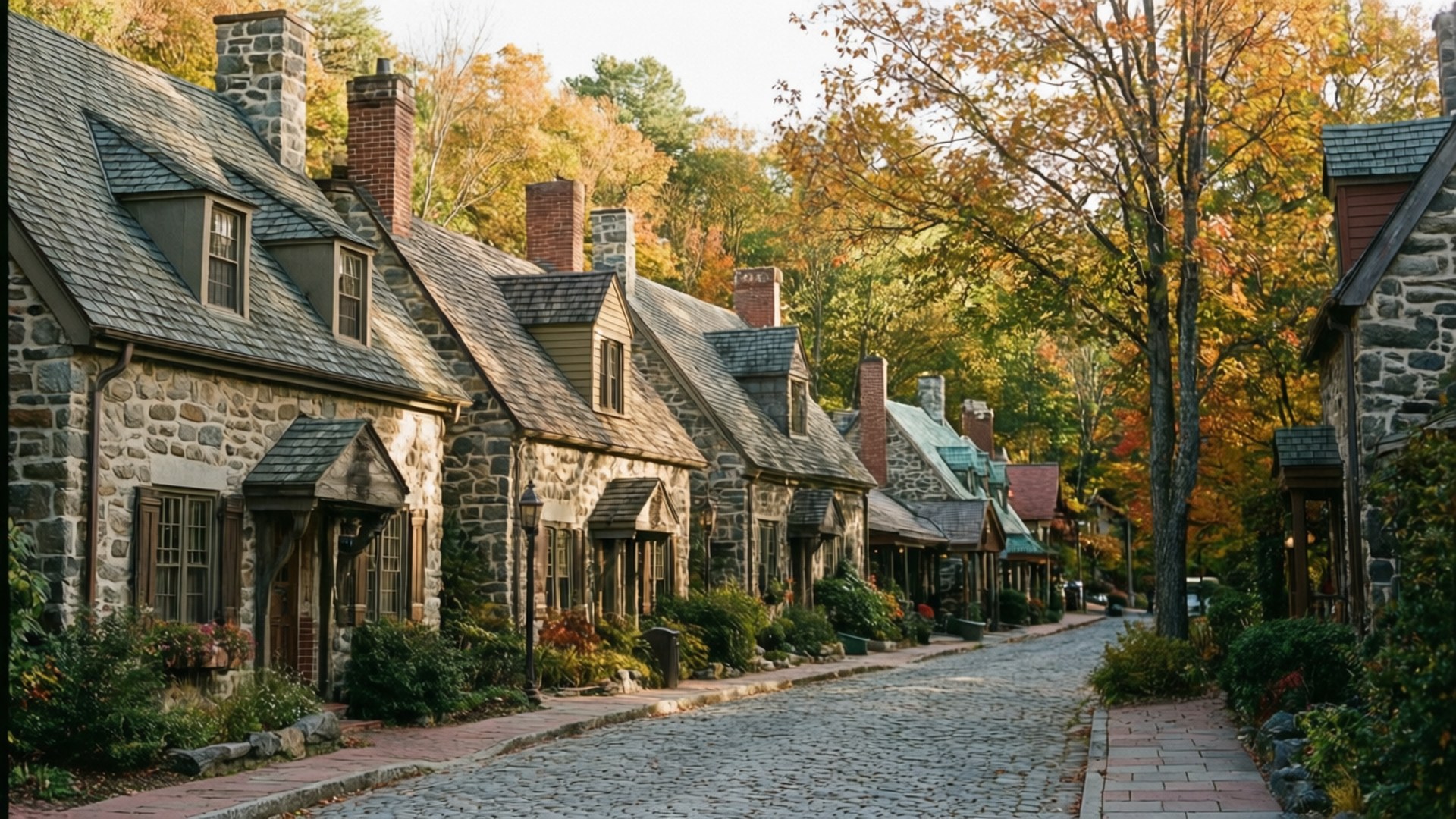 Biltmore Village Autumn 壁紙 — 一條鵝卵石街道，兩旁是石頭小屋和秋天樹木，閃耀著金橙色調。