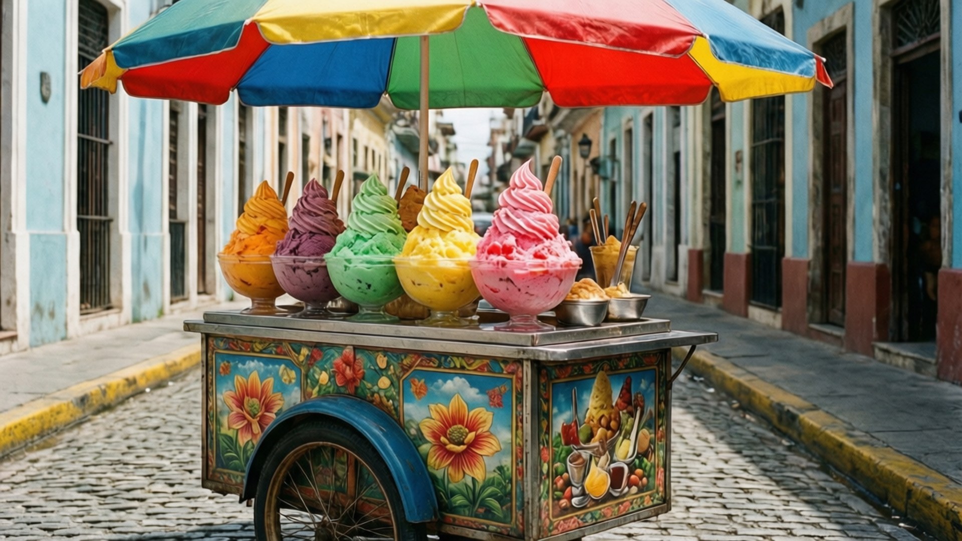 Piragua Cart Old San Juan 壁紙 — 一架色彩鮮豔的冰淇淋車，配以彩虹傘，在鵝卵石街道上展示色彩繽紛的冰淇淋球。