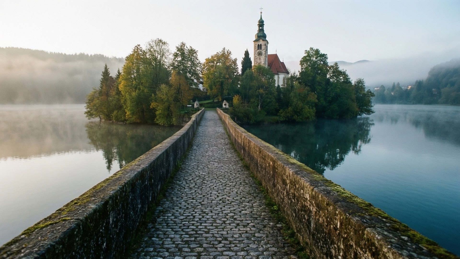 Island Church Bridge 壁紙 — 一條鵝卵石橋延伸向一個霧氣瀰漫的島嶼，島上有教堂塔樓，周圍是秋天的樹木，湖面平靜。