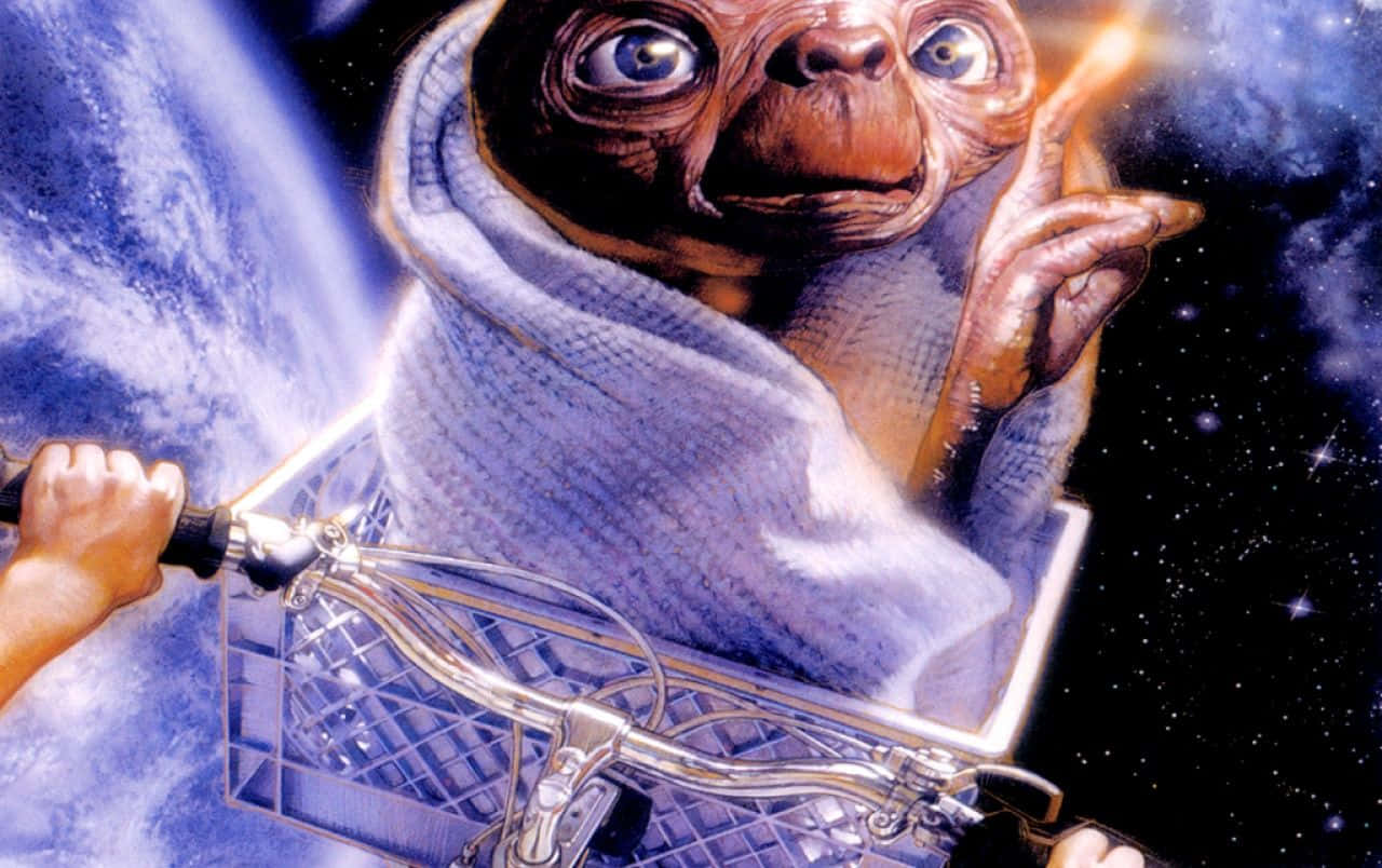 Et 桌布 壁紙 — E.T. 外星人坐在一個由小孩扶著的購物車裡，背景是星空太空，地球清晰可見。