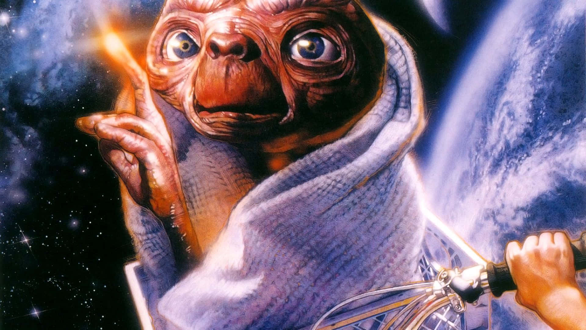 Et 桌布 壁紙 — E.T. 外星人拿著發光的手指和打蛋器，背景是星空太空，地球可見。
