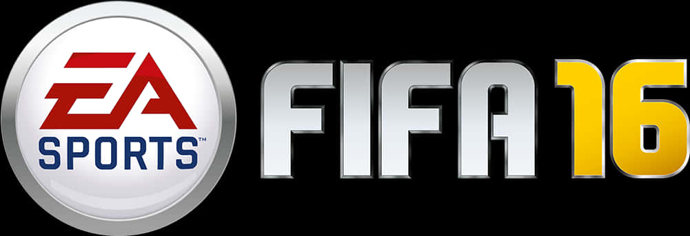 Fifa Game 桌布 壁紙 — EA Sports 標誌及 FIFA 16 標題以粗體金屬及紅色字體呈現於黑色背景上。
