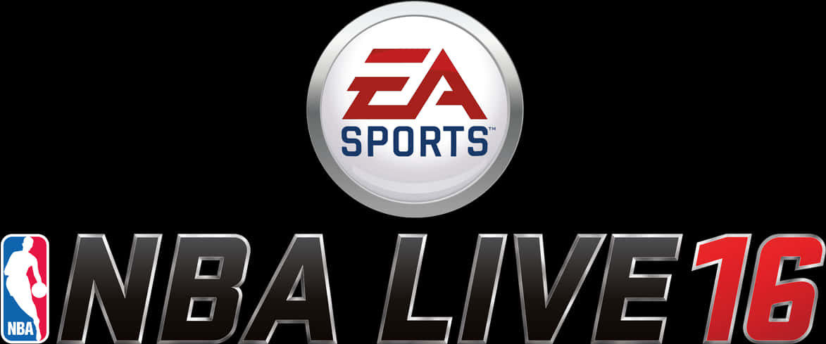NBA標誌 桌布 壁紙 — EA Sports 標誌和 NBA Live 16 標題以粗體金屬和紅色字體顯示在黑色背景上。