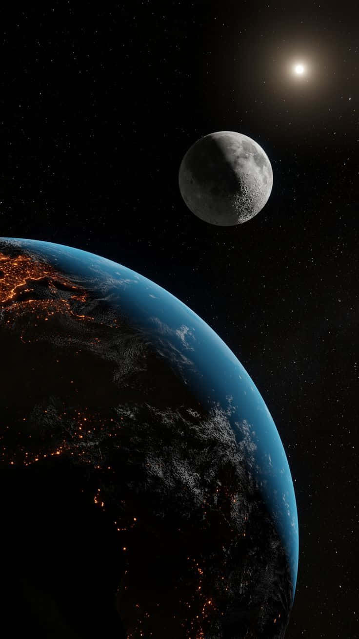  壁紙 — 地球和月亮在滿天星斗的太空中發光，城市燈光在行星彎曲的地平線上閃爍。