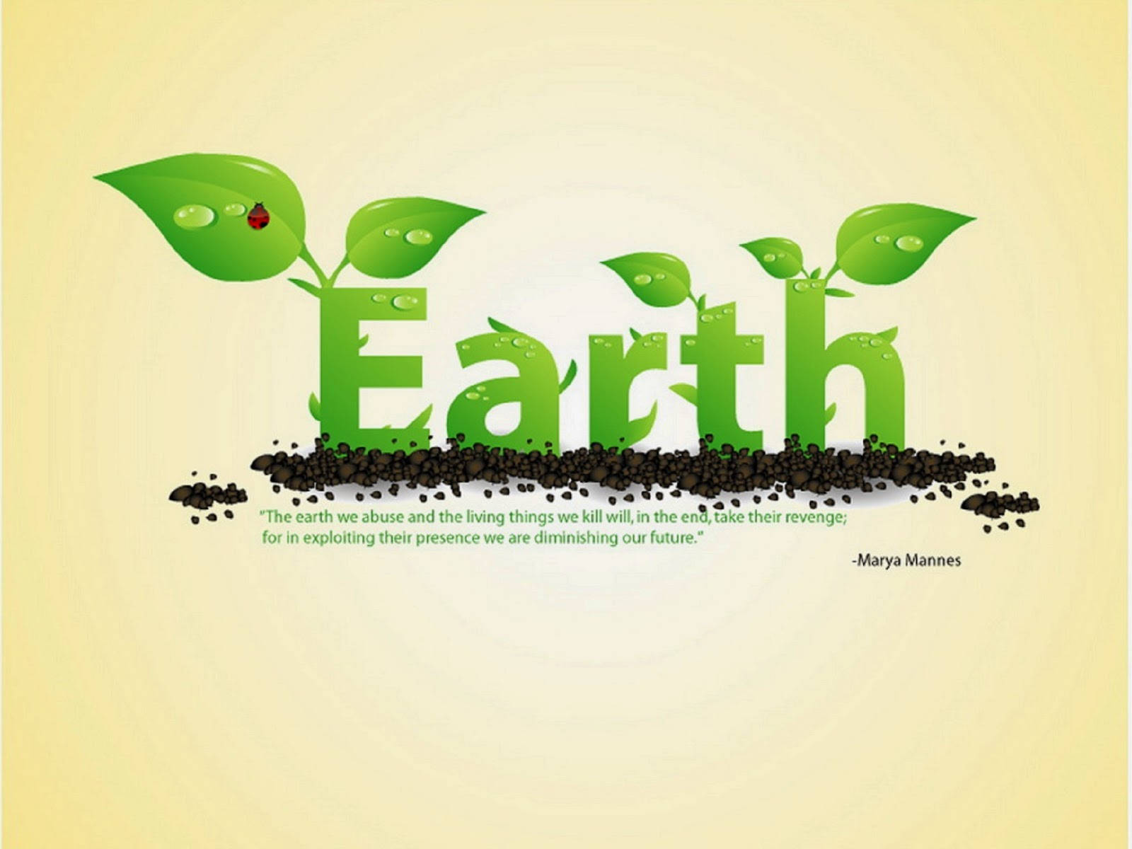 Earth Day 桌布 壁紙 — 「Earth」這個字從泥土中浮現，每個字母都長出綠色的葉子，還有一隻瓢蟲在一片葉子上休息。