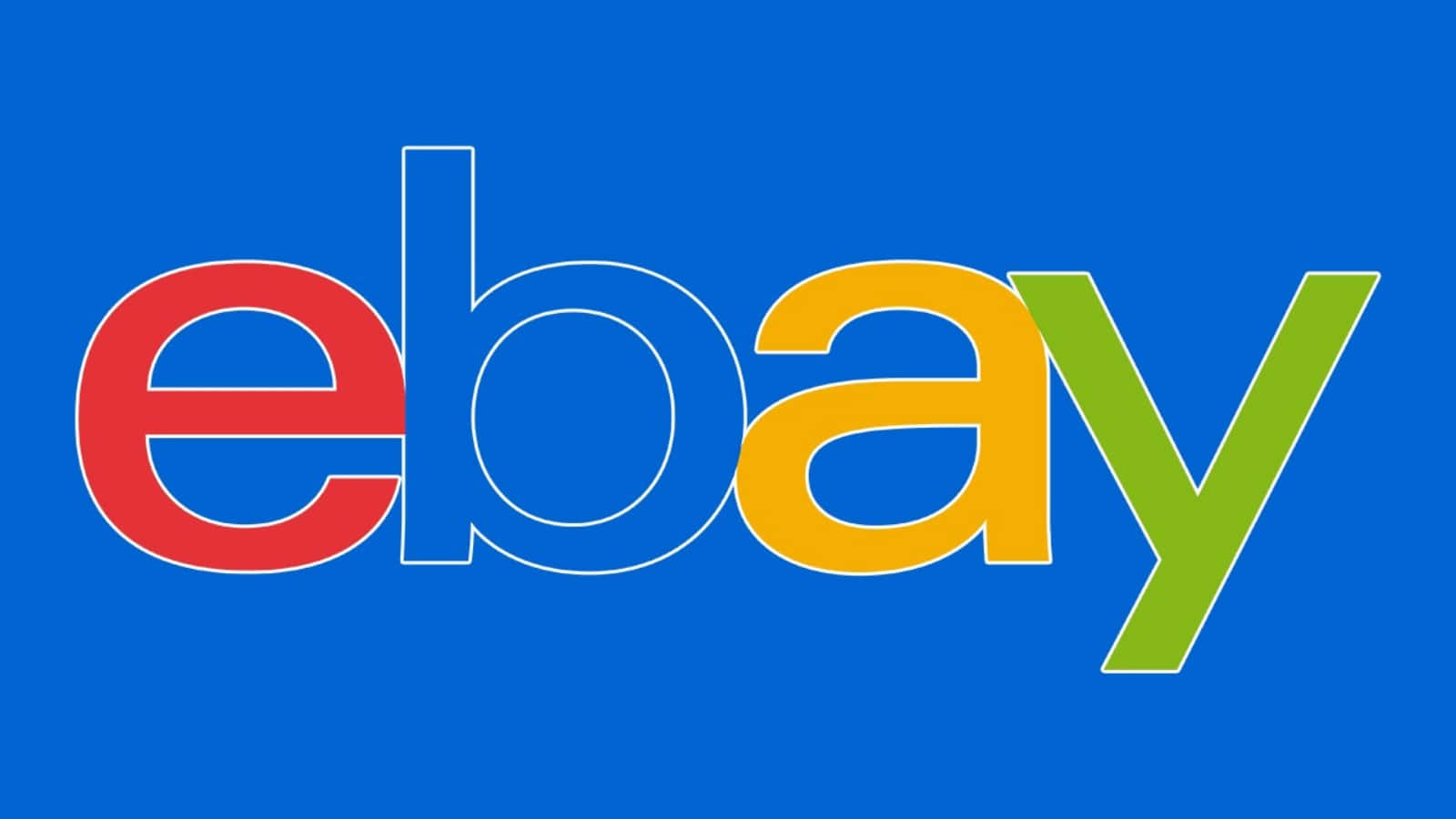 eBay 桌布 壁紙 — eBay 標誌，以紅色、橙色、黃色和綠色字母顯示在純藍色背景上。