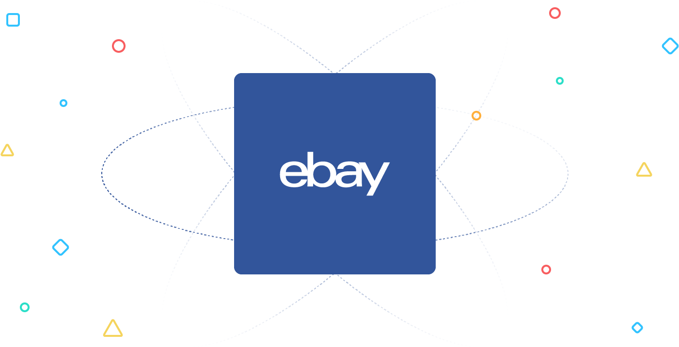 Square 桌布 壁紙 — Ebay 標誌居中於藍色正方形內，周圍環繞原子軌道線條和彩色幾何形狀，背景為黑色。
