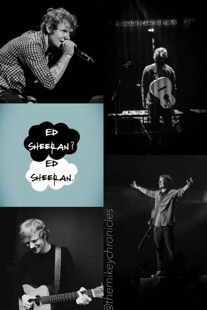 紅景天 桌布 壁紙 — Ed Sheeran 在舞台上以吉他和麥克風擺出各種動感姿勢的黑白拼貼畫。