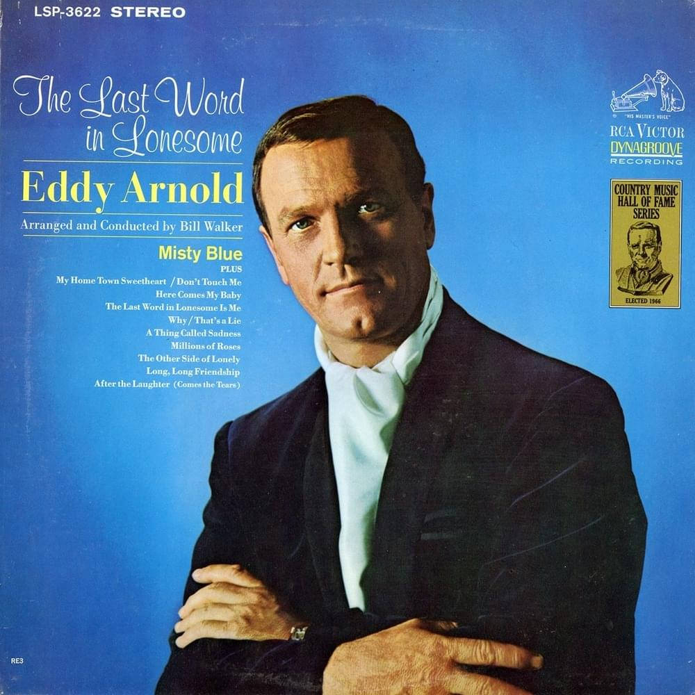 Album Cover 桌布 壁紙 — Eddy Arnold 身穿深色西裝，在純藍色背景前交叉雙臂，出現在一張復古鄉村音樂專輯封面上。