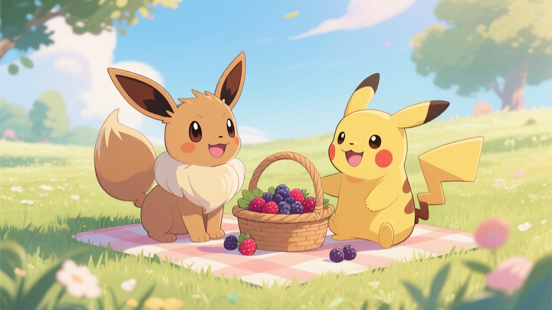 Eevee and Pikachu Picnic 壁紙 — 伊布和皮卡丘在陽光明媚、開滿野花的草地上，在格紋毯上共享愉快的野餐。